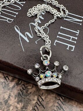 Vintage Silver Crown Pendant Necklace with Iridescent and Clear Stones